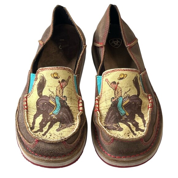 ARIAT Women's Brown Slip On Cruiser Flats Leather Canvas Size 9B Cowboy Bronco - Picture 1 of 9